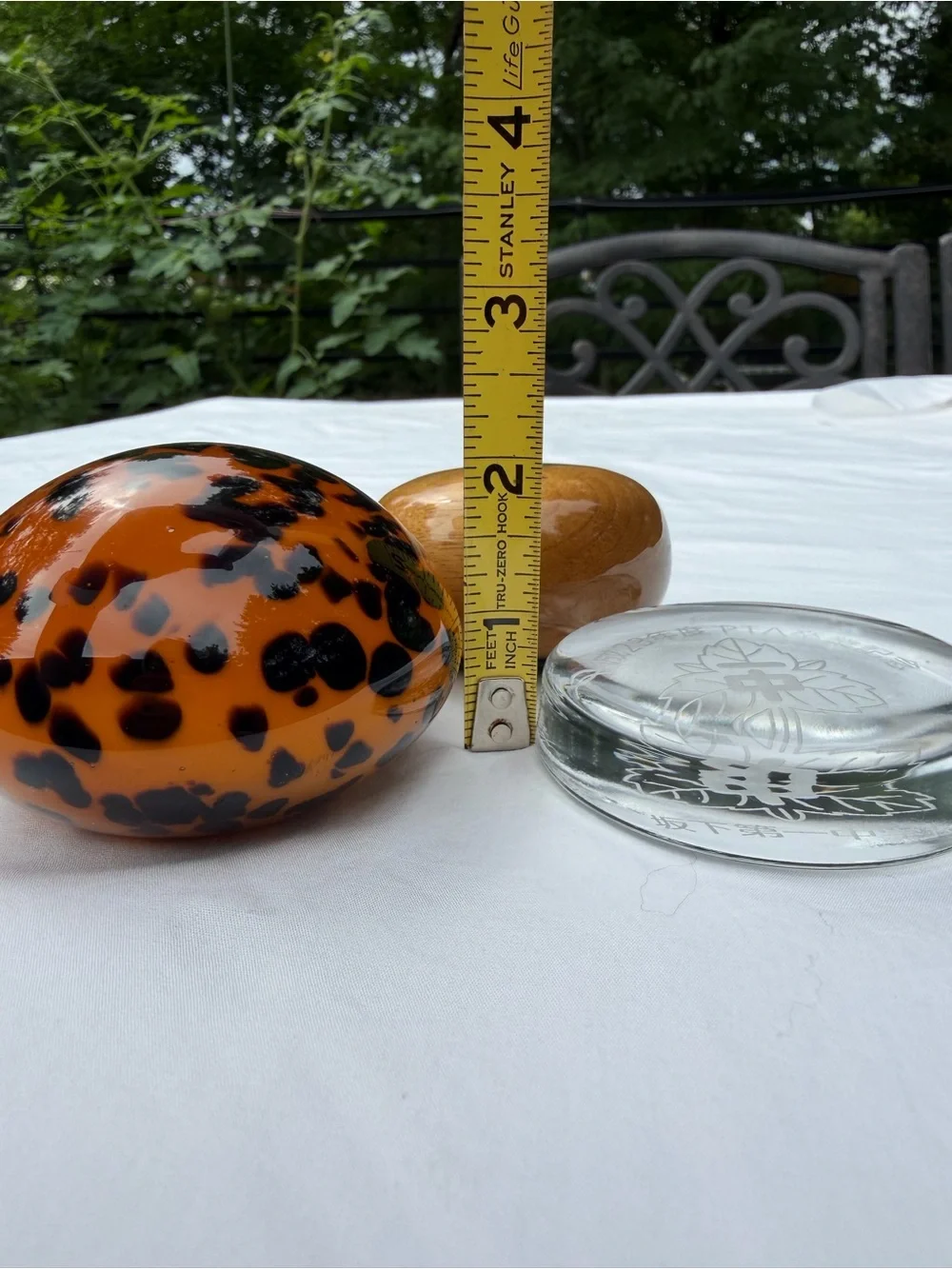 Set of 3 paperweights Art glass cheetah tortoise shell, Myrtlewood, Etched glass